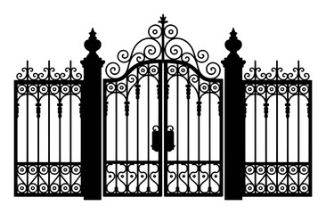 Ornate wrought iron gate with decorative scrollwork and finials vector