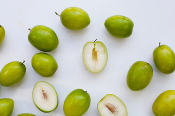 Green jujube fruits on white background.