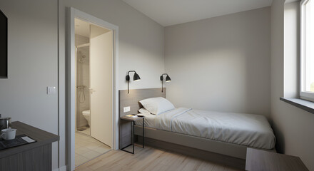 Fototapeta premium Modern Minimalist Hotel Room Design: Single Bed, Ensuite Bathroom, and Natural Light