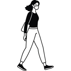 Woman wearing face mask walking with shoulder bag black and white