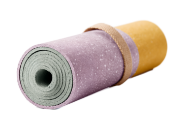 Yoga mat is rolled up and tied with a brown cord