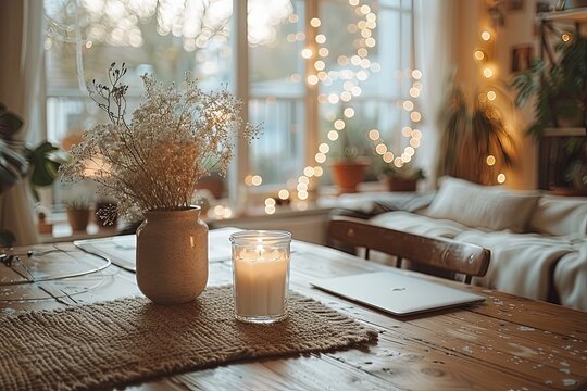 Mesa de madera con vela y un jarr&oacute;n con flores. Casa bien decorada, sal&oacute;n estilo escandinavo luminoso y minimalista. 