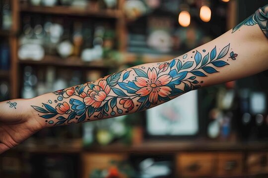 Antebrazo con tatuajes. Dise&ntilde;o de moda con flores y hojas tatuadas en el brazo de una persona.