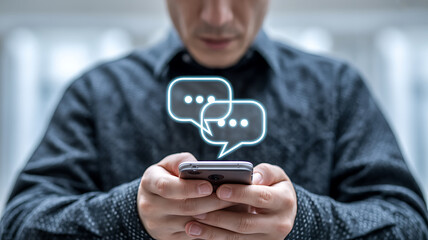 Man texting on smartphone with chat bubbles overlay