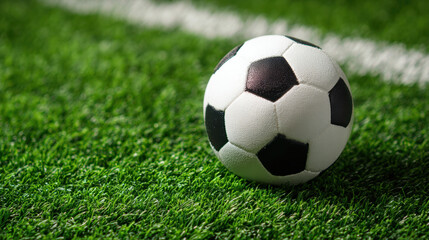 Fototapeta premium Soccer ball on green grass field with white line, close up of black and white ball on vibrant artificial turf, outdoor sports equipment for football game