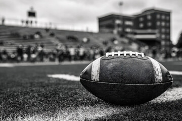 Football ball on grass field close up with blurred stadium and crowd in background, evoking anticipation and excitement for game