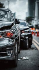 Car crash accident with damaged silver and black cars on city street, emergency cones and blurred urban buildings in background, conveying urgency and impact