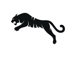 Vector silhouette of a tiger leaping forward, muscular pose with claws extended, black solid shape