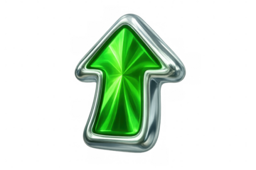 Metallic green upward arrow with reflective chrome border, symbolizing advancement, success, and positive trajectory on transparent backdrop