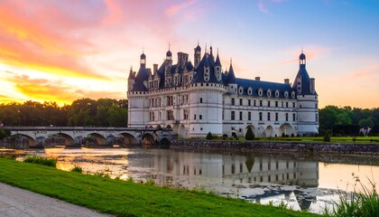 Chateau at sunset over river