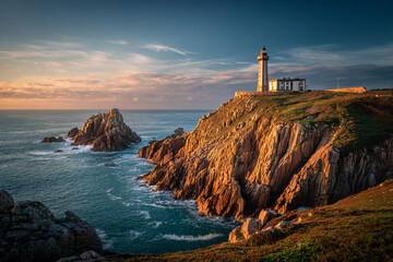 Lighthouse on a rocky cliff during golden hour, waves crashing below