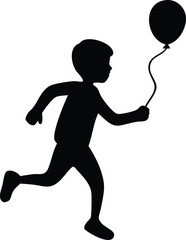 a boy is running with a balloon silhouette