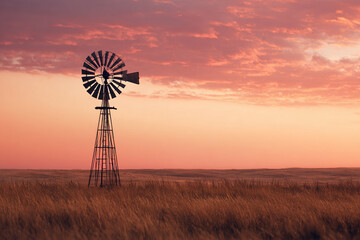 Old windmill in a field of tall grass at sunset