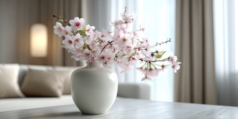 A delicate arrangement of cherry blossoms in a white vase sits on a light-colored table, bathed in soft, natural light