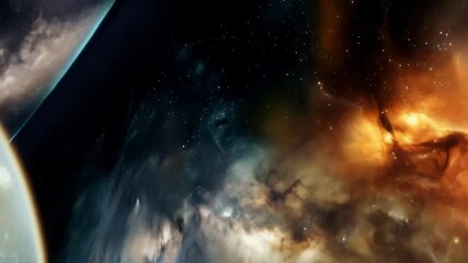 Space scene with planets and nebulae. Ideal for scientific and educational materials, as well as for projects related to astronomy and space exploration.
