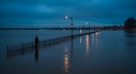 Obraz premium Solitary Figure by the Flooded Promenade at Dusk
