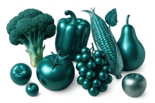 Teal-hued produce arranged creatively, highlighting fresh, colorful ingredients emphasizing plant-based nutrition and innovative food styling