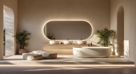 Beige bathroom with oval mirror, sunlit