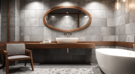 Modern bathroom interior with a wooden vanity and oval mirror