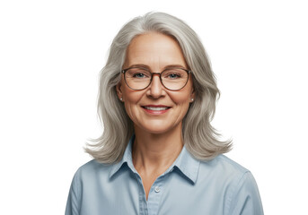 Fototapeta premium Smiling older woman with gray hair wearing glasses isolated on transparent background