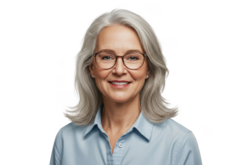 Smiling older woman with gray hair wearing glasses isolated on transparent background