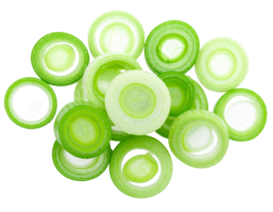 Chopped Green Onion Rings Scattered Randomly, Close-Up Detail, isolated on transparent background PNG
