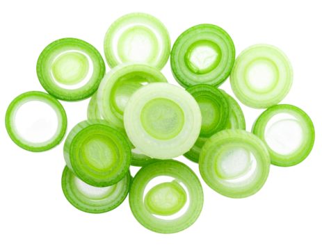 Chopped Green Onion Rings Scattered Randomly, Close-Up Detail, isolated on transparent background PNG