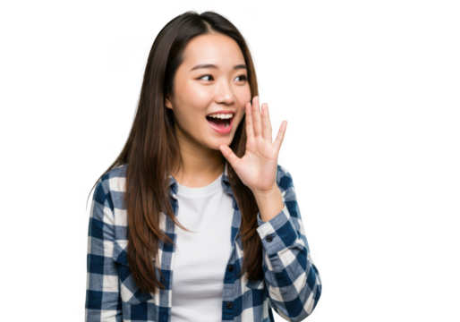 Young asian woman shouting and gesturing isolated on transparent background