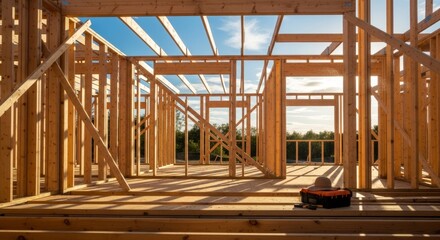 Fototapeta premium Framing Structure of New Building Under Construction in Sunset Light