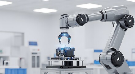 Robotic arm for manufacturing microchip or computer circuit board. AI automation system building advanced technology production.