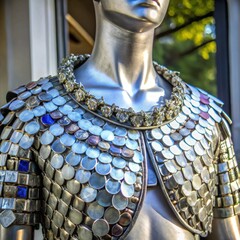 Metallic fashion display on mannequin with intricate coin design  