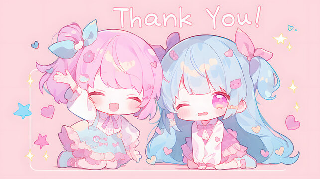 chibi anime idol couple bowing with smiles wave