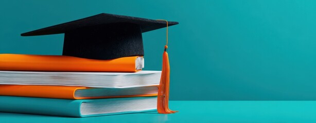 The graduation cap resting on stacked colorful books against a teal background.