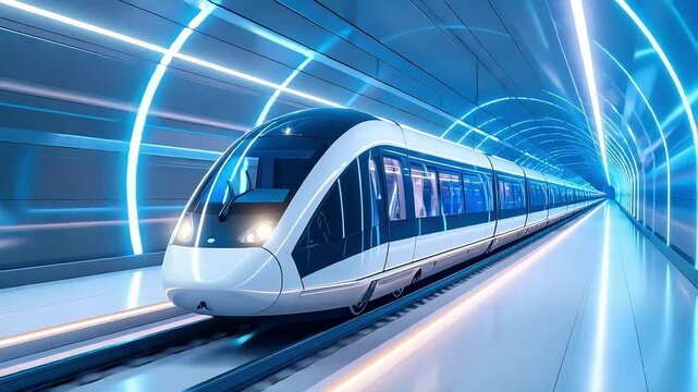 Fast modern train inside futuristic tunnel