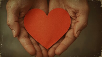 Obraz premium Two cupped hands gently holding a red paper heart symbolizing love compassion and care