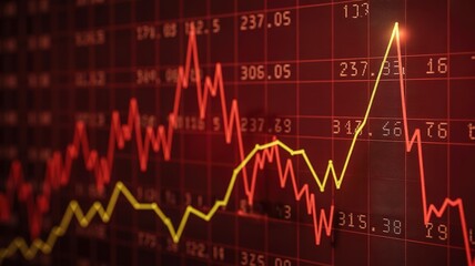 Obraz premium Red stock market candlestick chart showing financial data and trends with a yellow line indicator