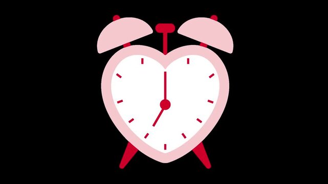 heart shaped alarm clock with the hands moving and ringing animation on transparent background with alpha channel