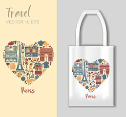 Vector illustration with Paris and France cultural symbols arranged in the shape of a heart. The design includes iconic French elements such as the Eiffel Tower, Arc de Triomphe, croissant, winee