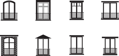 Collection of Black Silhouette Window and Balcony Architectural Elements on White background