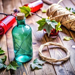 Green glass bottle with twine and decorative leaves on wooden table  