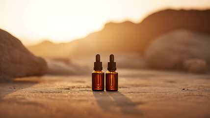 Two amber glass dropper bottles on a sandy beach at sunset