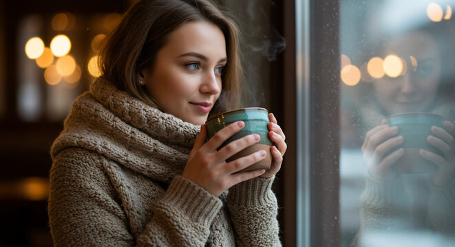 A young woman in a cozy sweater holds a steaming mug, gazing out a window with a thoughtful expression.