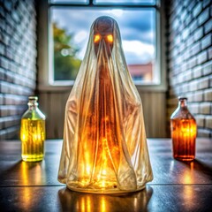 Ghost figure illuminated with colored bottles on wooden table  