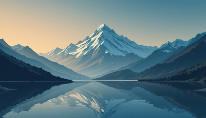 A serene mountain landscape reflecting in a calm lake at dawn or dusk