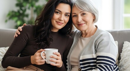 Young woman and her mother sharing a warm moment with a cup of tea
