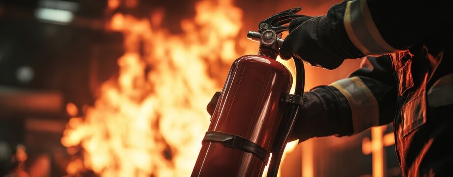 The fire extinguisher held firmly by a firefighter battling flames.