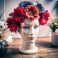 Floral crown on a mannequin head with vibrant artificial flowers  