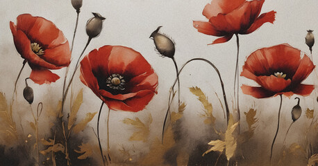 Watercolor Poppies Gold Accents Modern Floral Artwork