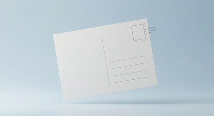 A blank white postcard floats in a minimalist setting against a pale blue background, casting a soft shadow.