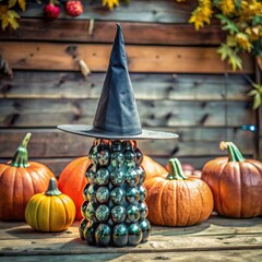 Halloween pumpkin with witch hat and decorative autumn background  